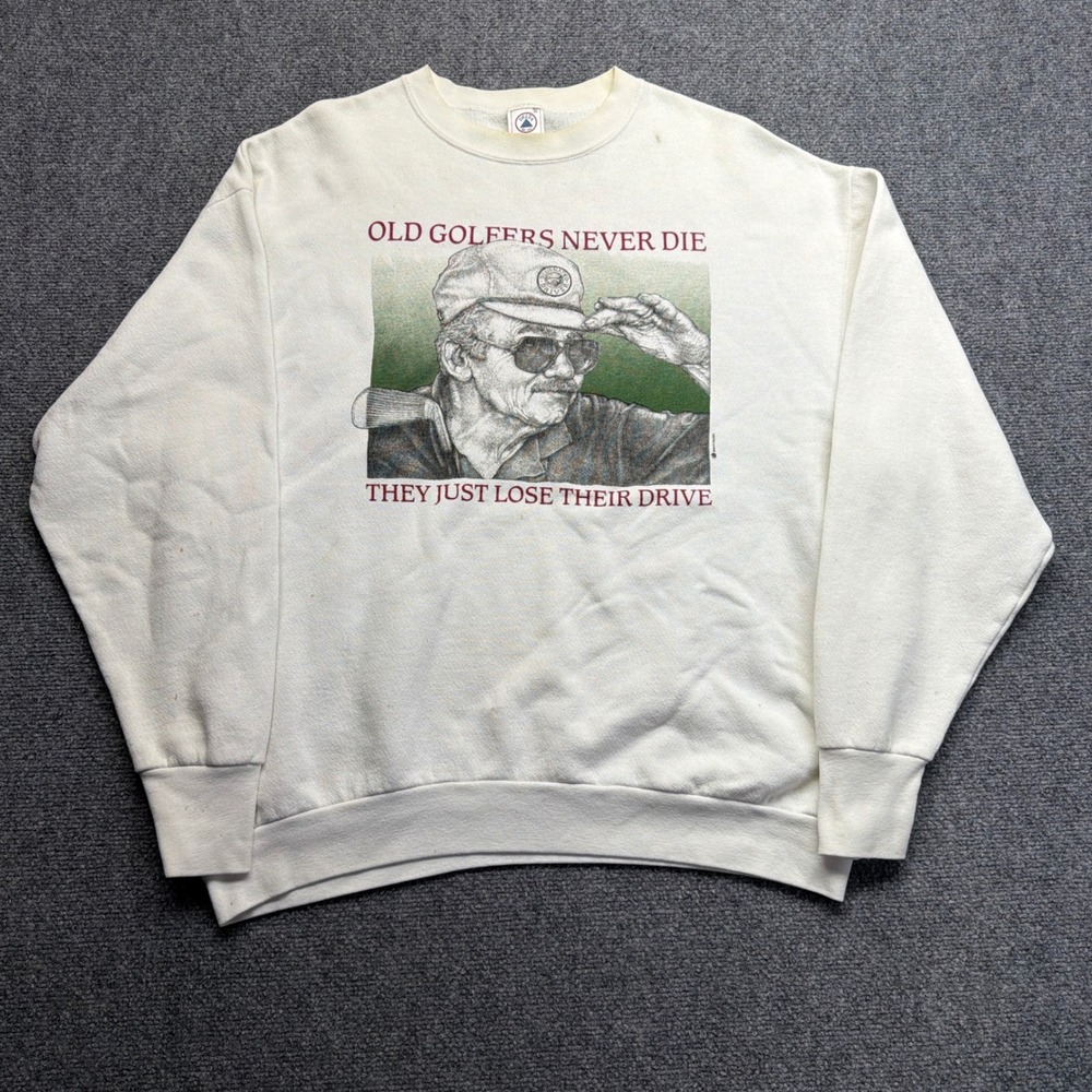 Vintage Delta Old Golfers Never Die Sweatshirt XL Cream Funny Golf Graphic Crew